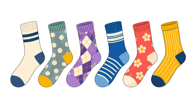 Colorful patterned socks collection in playful hand drawn style
