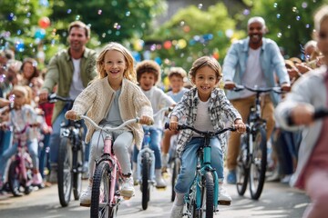 Fototapeta premium Kids riding bikes joyfully during a community event in a sunny neighborhood park