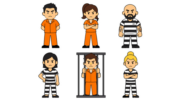 Cartoon prisoners and inmates in orange and striped uniforms