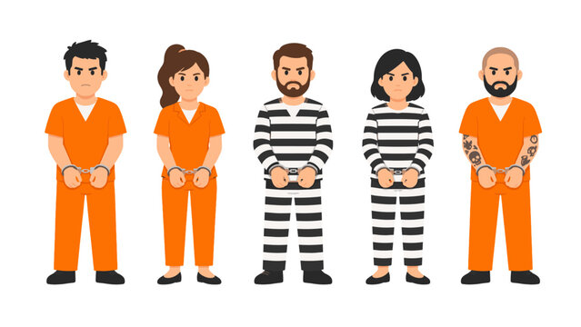 Set of five prisoners in orange and striped uniforms