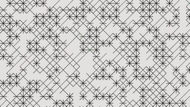 Repeated geometric star shapes and black lines on grey background in an intricate mathematical graphic design suitable for web backgrounds, packaging, textiles.