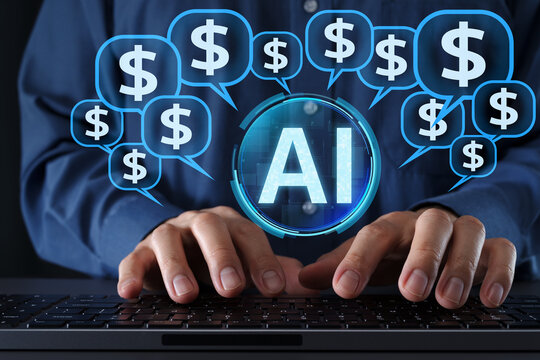 High AI costs and operational expenses pose business challenges. Rising AI investment and token processing costs. Businessman typing on a computer keyboard.