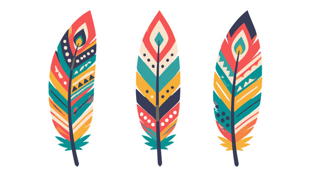 Three colorful decorative feathers isolated on white background