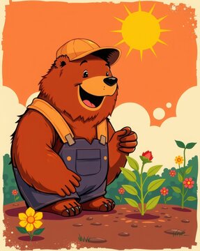 Retro style illustration of a friendly bear gardener admiring roses in a warm sunset