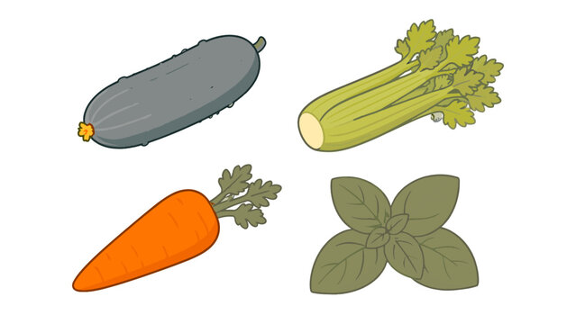 Hand drawn vegetable set with cucumber celery carrot and basil