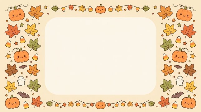 Minimalist Cartoon Background with Tiny Pumpkins, Maple Leaves and Candy Corn