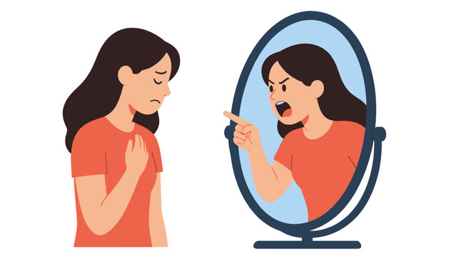 Sad woman facing angry reflection in standing mirror illustration