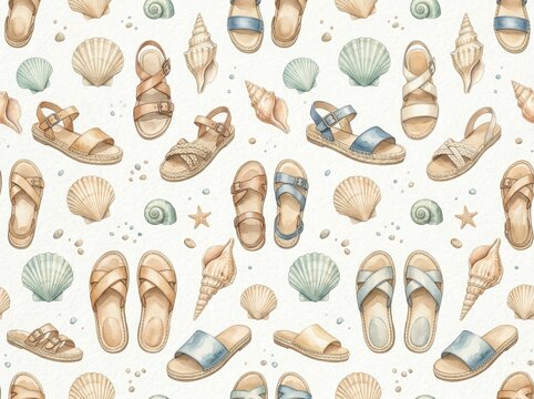 Watercolor Seamless Pattern of Flip Flops and Seashells