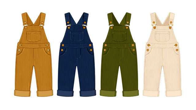 Set of four colorful corduroy overalls on white background