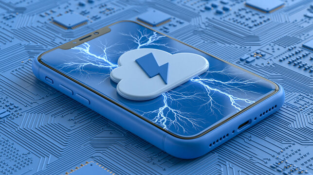 Cloud Computing Power: A modern smartphone displays a cloud icon with a lightning bolt, symbolizing fast and powerful cloud technology, set against a circuit board backdrop