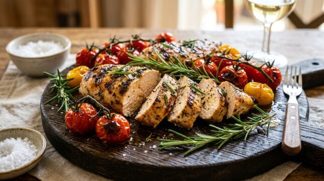 Grilled chicken skewers served with fresh summer vegetable salad on wooden platter.