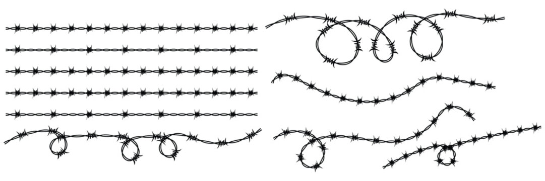 Barbed Wire Vector Set with Seamless Brush Patterns, Razor Wire Borders and Security Fence Design 
Elements