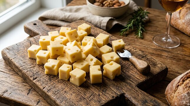 Assortment of artisanal cheese cubes arranged on rustic wooden board with herbs.