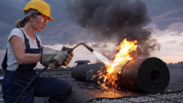 Female roofer with torch sealing roof membrane, sparks flying, dramatic sky