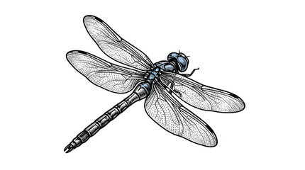 Vintage dragonfly insect illustration with blue accents. © Tinidiyana