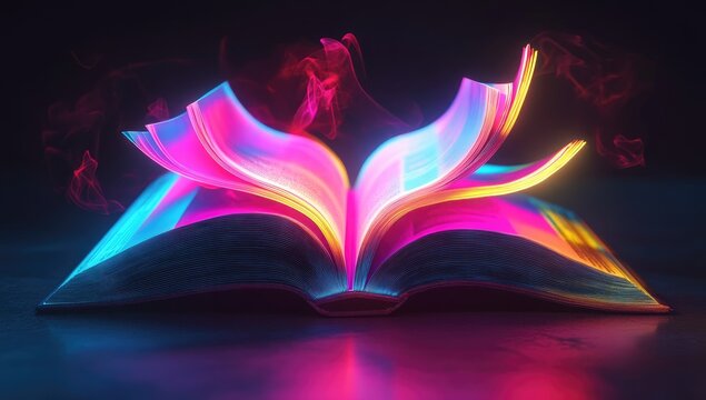 3D illustration of an open book with neon-glowing pages, on a black background, in a colorful design, high-resolution photography.
