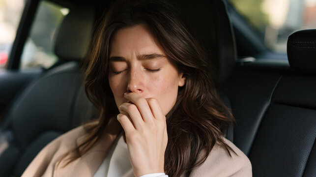 Anxiety Ride: A woman in the backseat of a car closes her eyes, looking distressed as she bites her nails, conveying a sense of unease or worry.