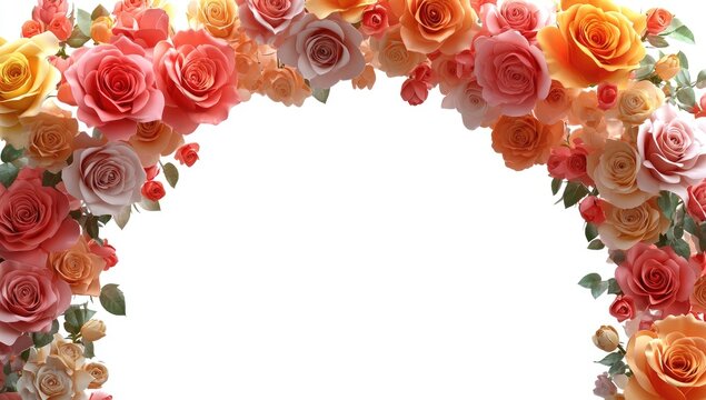 3D realistic multi colours rose arch with flowers on a white background, isolated in the middle of the picture, in a clipart style