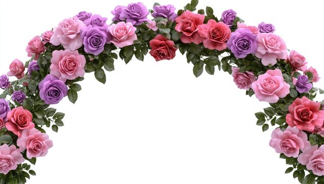 3D realistic multi colours rose arch with flowers on a white background, isolated in the middle of the picture, in a clipart style