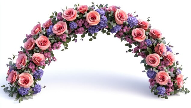 3D realistic multi colours rose arch with flowers on a white background, isolated in the middle of the picture, in a clipart style