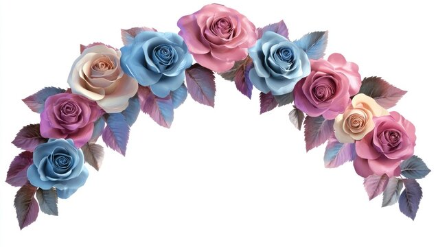 3D realistic multi colours rose arch with flowers on a white background, isolated in the middle of the picture, in a clipart style