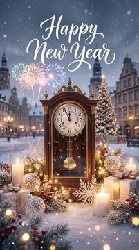 Happy new year greeting card with vintage pendulum clock, candles and snowy city