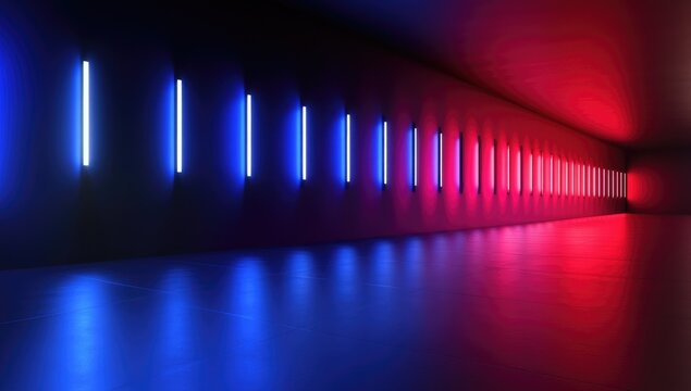 3D render, abstract background with blue and red glowing lights on a black wall. Abstract futuristic tunnel or corridor. Digital wallpaper for presentation design