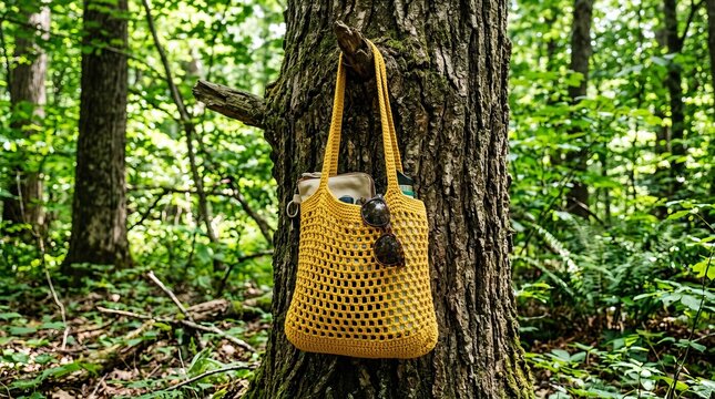 Handmade yellow crochet bag hanging on a tree in a lush green forest.