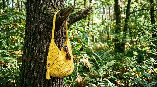 Handmade crochet bag with sunglasses hanging on a tree in a sunlit forest