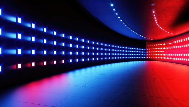 3D render, abstract background with blue and red glowing lights on a black wall. Abstract futuristic tunnel or corridor. Digital wallpaper for presentation design