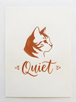 Watercolor cat silhouette head portrait combined with elegant cursive text reading quiet on a minimalist white textured paper background surface