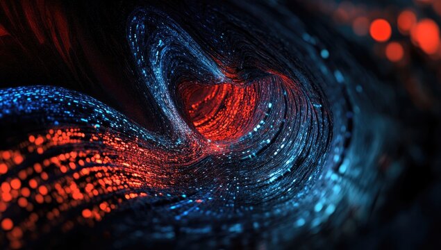 3D render, abstract background with blue and red glowing lights on a black wall. Abstract futuristic tunnel or corridor. Digital wallpaper for presentation design