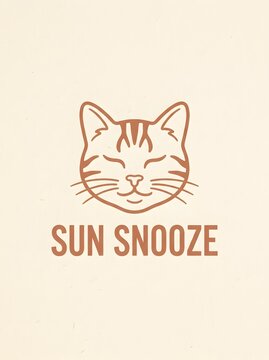 Minimalist line art cat face graphic featuring a peaceful sleeping expression rendered in simple brown strokes on cream paper background