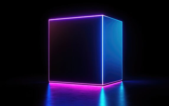 3D render, abstract background with neon glowing square lines in blue and purple colors on a black background.