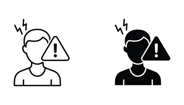 Person with warning sign and stress lightning bolts in outline and solid black icons