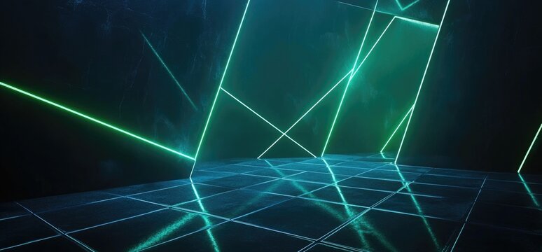 3D render, abstract futuristic background with glowing blue and green neon lines in a black tunnel or corridor with a floor made of tiles.