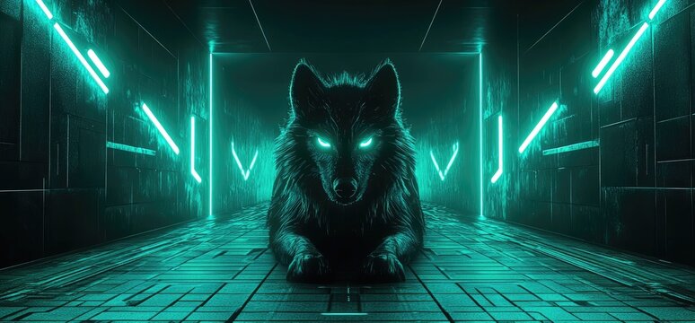 3D render, abstract futuristic background with glowing blue and green neon lines in a black tunnel or corridor with a floor made of tiles.