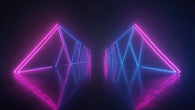 3D render, abstract geometric background with neon lines forming a tunnel or corridor on a black backdrop.