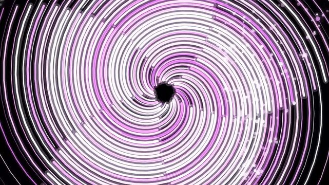 Abstract spiral pattern design suitable for backgrounds, branding, prints, web design, digital art. Vibrant purple and white colors, geometric light tunnel.