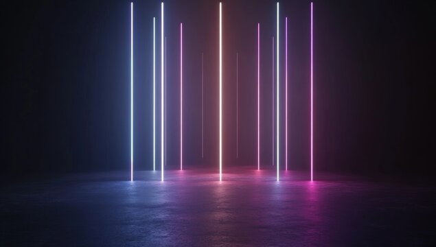 3D render, abstract geometric background with neon lines forming a tunnel or corridor on a black backdrop.