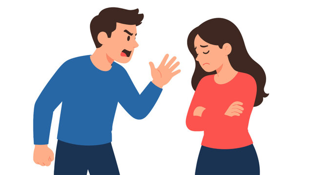 Angry man arguing with sad woman in flat vector illustration