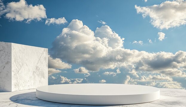 3D render, abstract white round podium with blue sky background and clouds. Mock-up stage for product presentation platform.