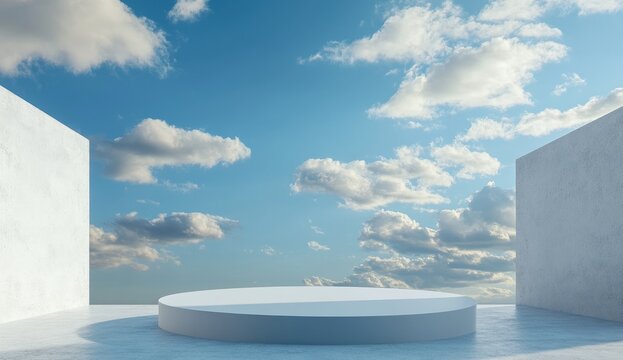 3D render, abstract white round podium with blue sky background and clouds. Mock-up stage for product presentation platform.