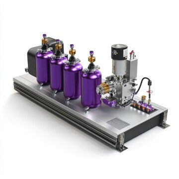 3D render of a laser welding machine with a purple cylinder, white background, high-resolution photography.