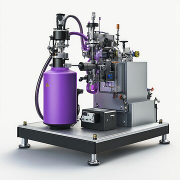 3D render of a laser welding machine with a purple cylinder, white background, high-resolution photography.