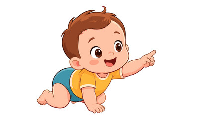 Cute cartoon baby crawling and pointing on white background