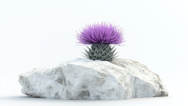 3D render of a purple thistle flower growing on top of a white rock, isolated on a clear background.