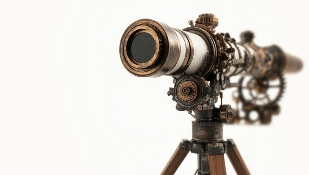 3D render of a steampunk telescope on a wooden tripod, against a white background.