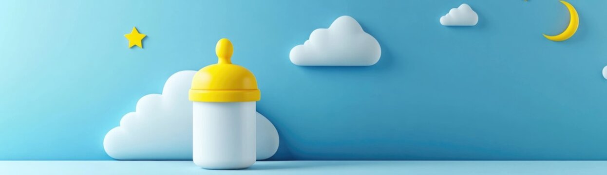 3D rendering of a baby bottle with a yellow lid and a white body, in a cartoon style, with a moon and stars in the background