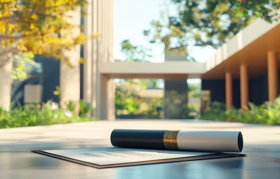 3D rendering of a diploma and graduation cap on a table in front of a modern university building background.